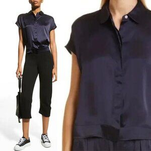 NEW ATM Silk Charmeuse Short Sleeve Camp Shirt in Blue Ink Size: Large